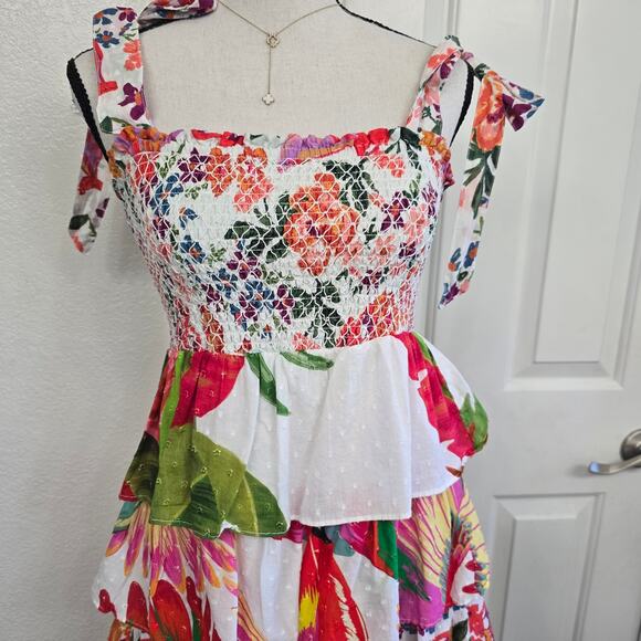 Farm Rio Tropical Floral Tiered Midi Dress Sz S Smocked Ruffle Boho QuietLuxury - Picture 4 of 9
